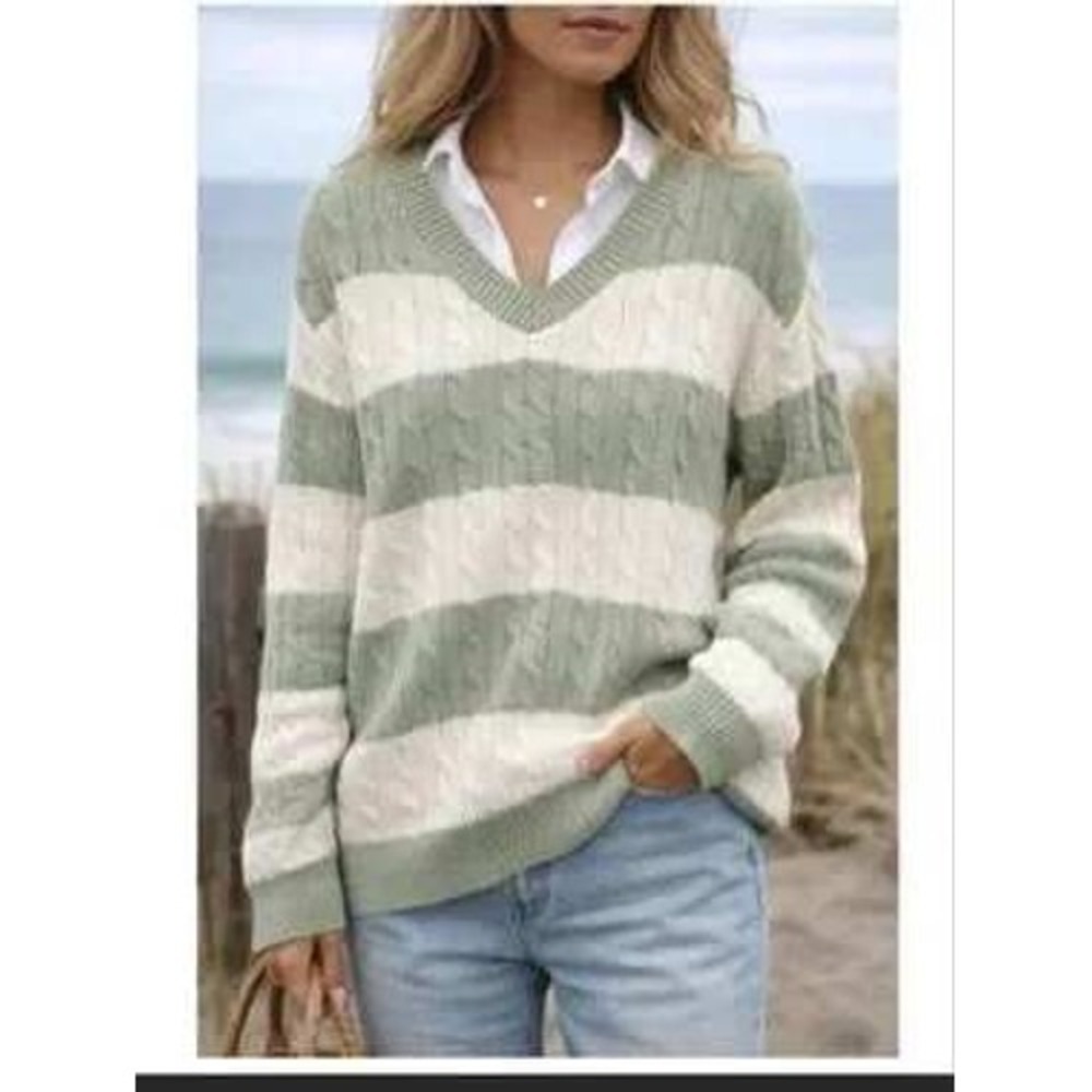 John Galt Brandy Melville Striped Cable Knit Sweater Women OS Sage Green Slouchy